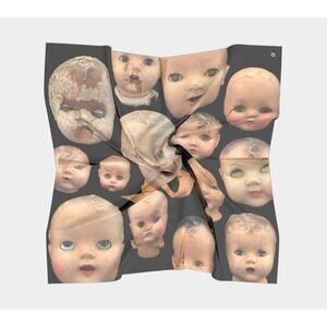 Creepy Luxury! Oversized 50" Square Pure Silk Habotai Vintage Doll Head Scarf
